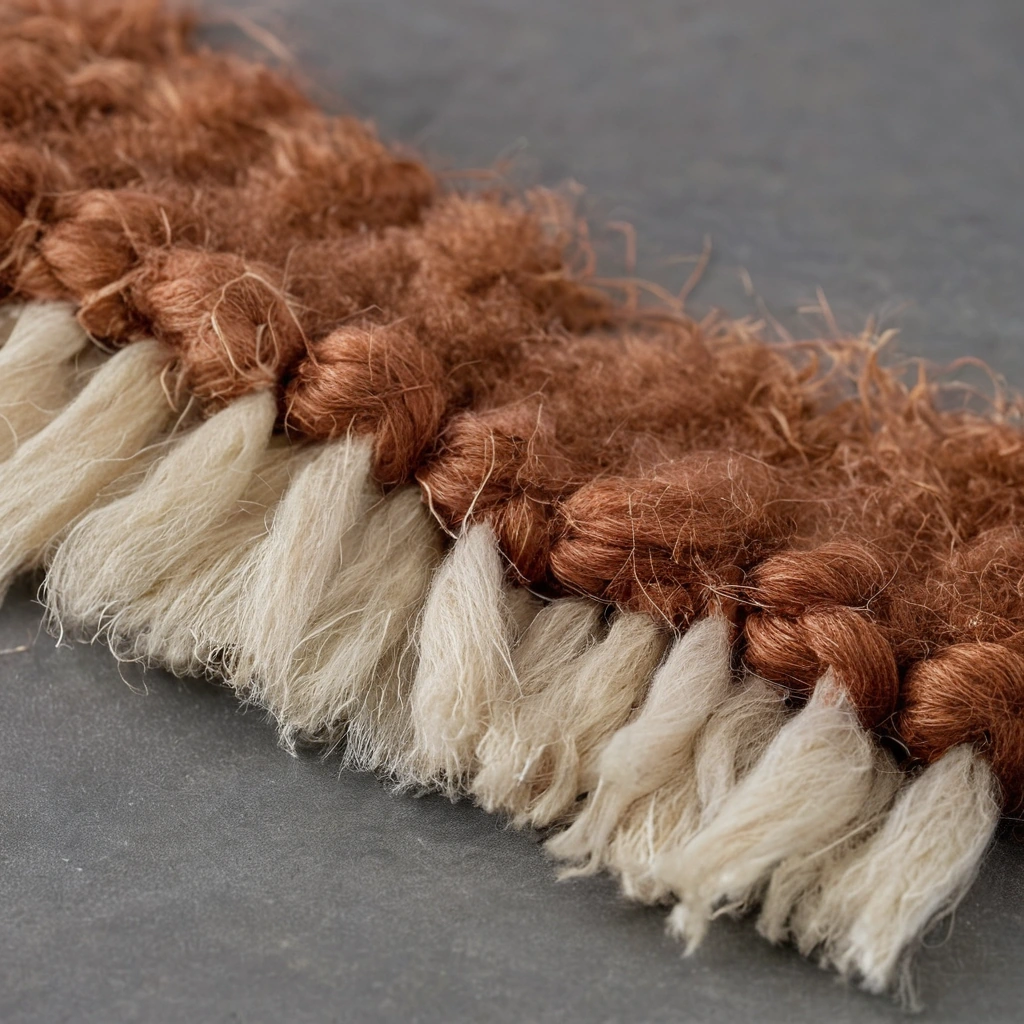 Cut cross-section of a wool carpet sample showing upright cut pile tufts, binder layer and backing