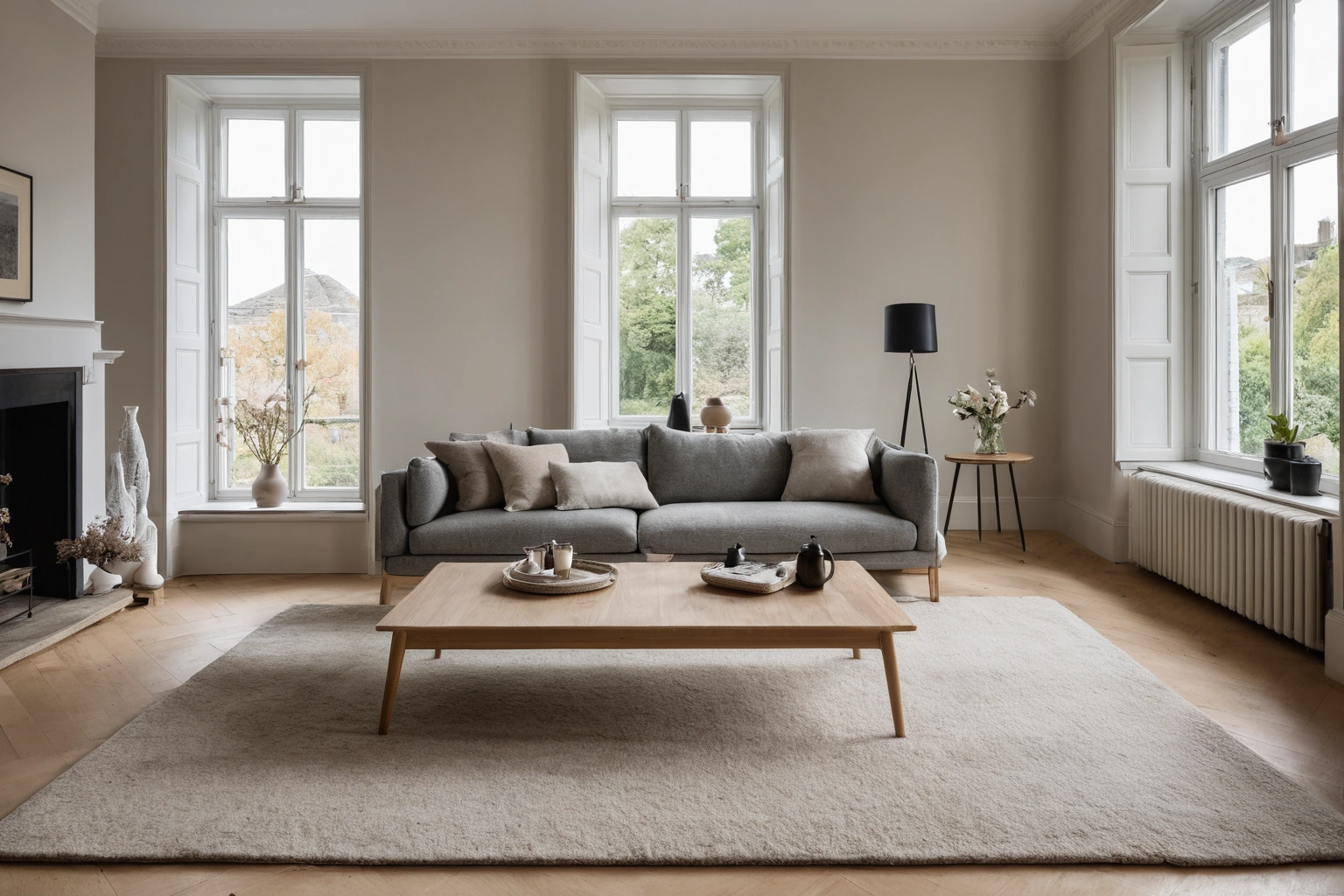 A large hand-tufted wool rug with dense cut pile on a pale oak floor in a minimalist living room with daylight from the left