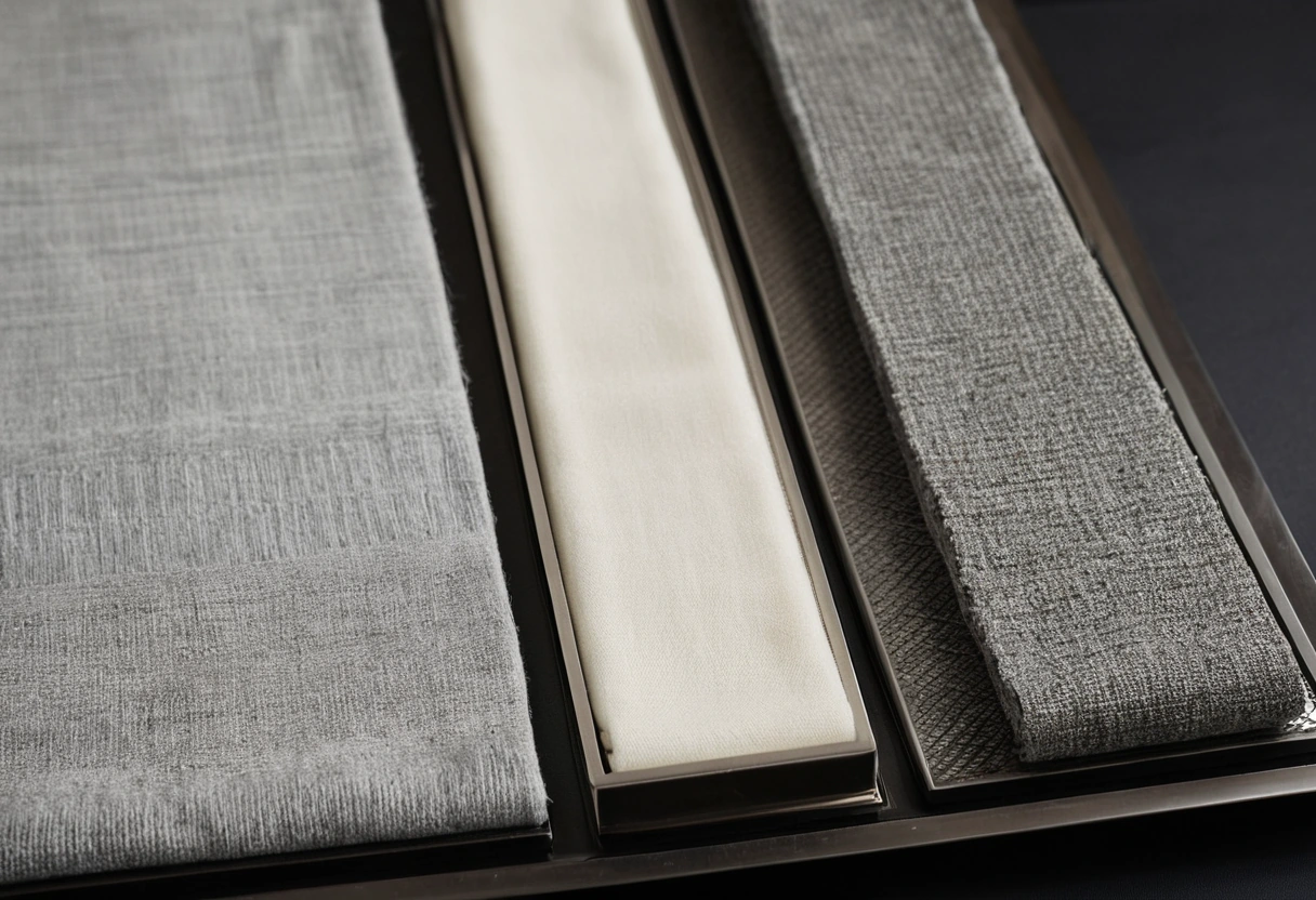 Laboratory bench with textile swatches arranged in a grid on a brushed steel tray beside a small sealed glass test chamber